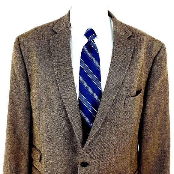 Lauren Ralph Lauren Tweed Wool 2 Leather Button Sport Coat 44R Brown Cross Check - Picture 1 of 12